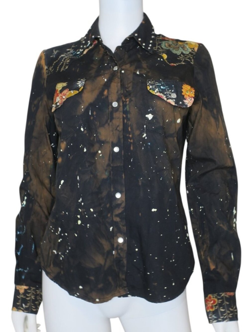 Vintage GRAIL Pearl Snap Shirt Distressed Paint Splat Indian Chief Skull SM/MED - Picture 2 of 7